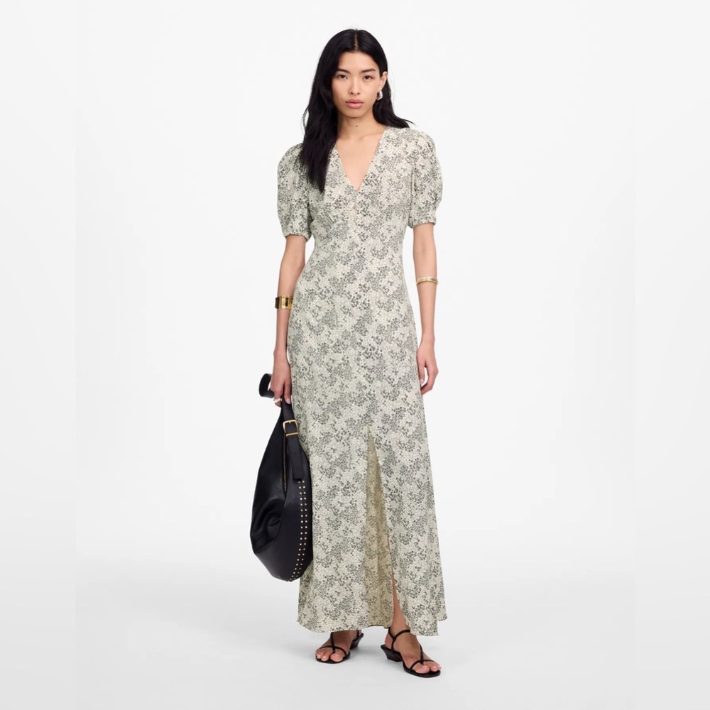Madewell Puff-Sleeve V-Neck Midi Dress in
Floral Cream and Black